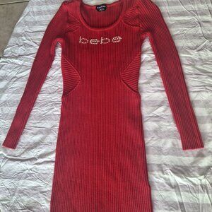 Bebe Red Ribbed Bodycon Dress With Rhinestone Logo - Long Sleeve - Size S